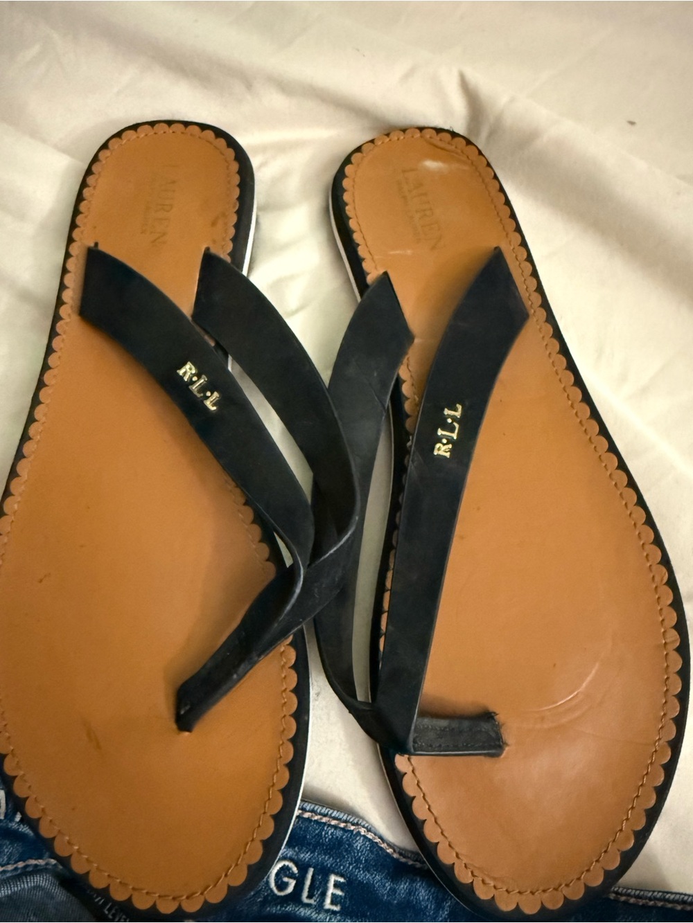 Ralph Lauren Black Thong Sandals with Tan Footbed